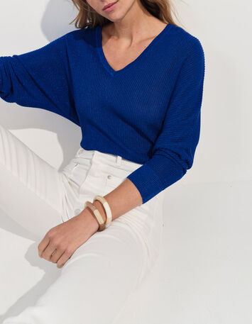 TONY - Pull bleu tricot c&ocirc;tel&eacute; manches chauve-souris -6