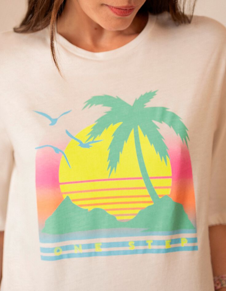 MAMBO - T-shirt blanc visuel palmier fluo -3