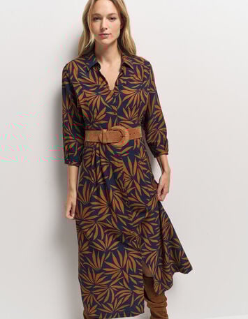 RODNEY - Robe longue marine imprim&eacute; maxi feuilles-1