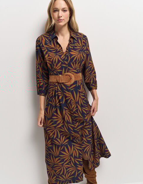 RODNEY - Robe longue marine imprim&eacute; maxi feuilles - One Step