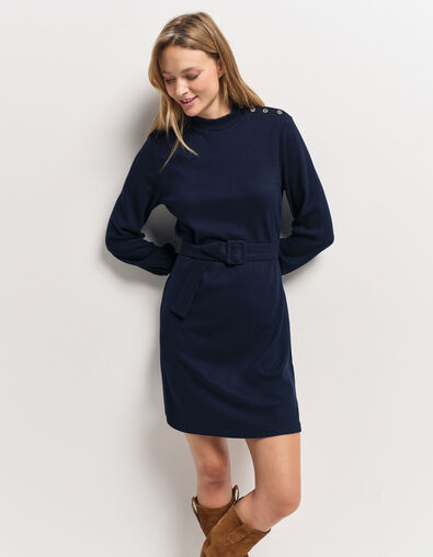 RAVEN - Robe marine maille Interlock boutons épaule - One Step