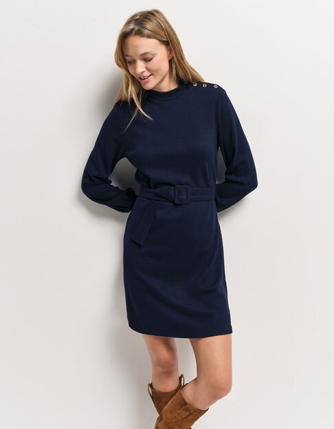 RAVEN - Robe marine maille Interlock boutons épaule - One Step