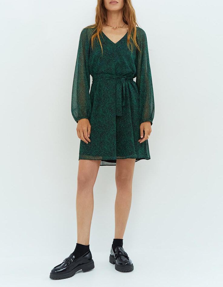 RESKY - Robe noire à imprimé pointilliste vert-4