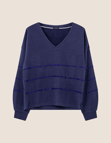 MOCOCA - Sweat bleu motif rayures perles brod&eacute;es -5