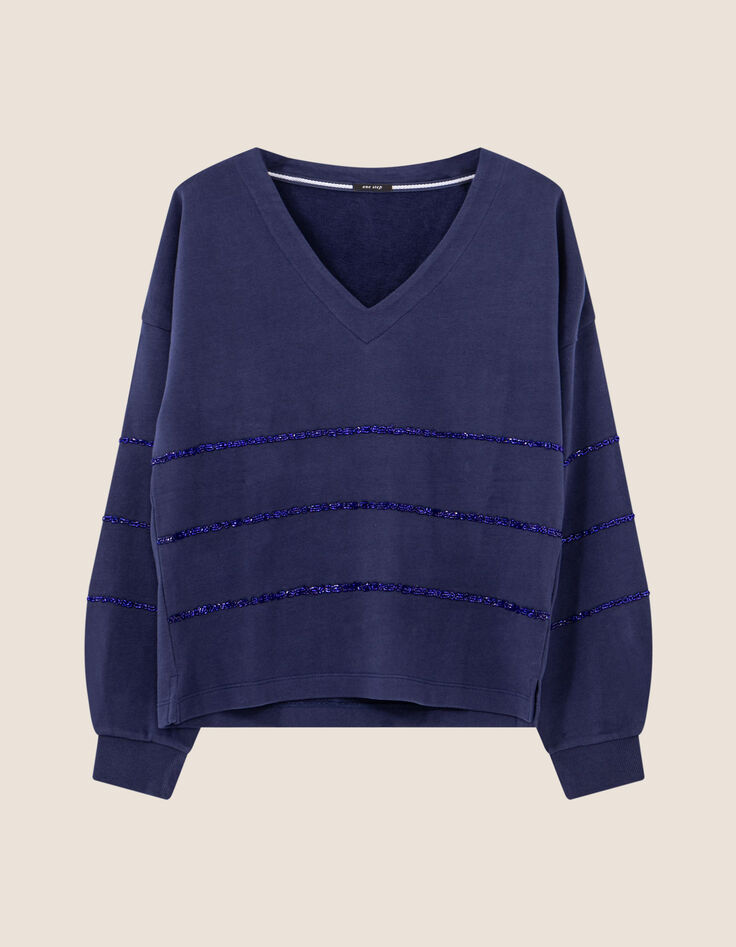 MOCOCA - Sweat bleu motif rayures perles brod&eacute;es -5