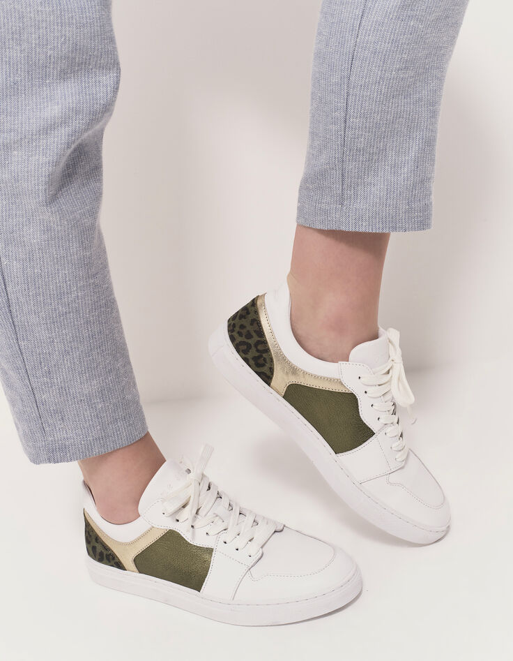 O.QUIMBO - Tennis basses blanc, kaki et doré cuir-1 O.QUIMBO - Tennis basses blanc, kaki et doré cuir-1