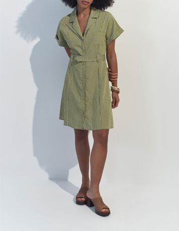 RORAIMA - Robe chemise verte &agrave; motif fines rayures -5