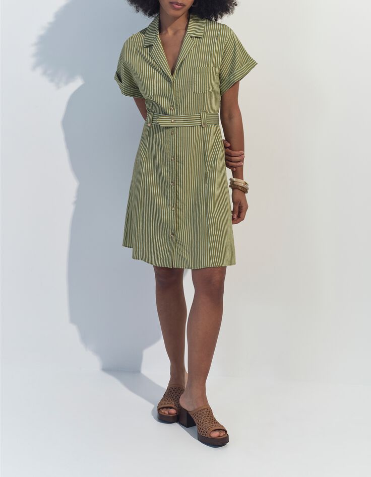 RORAIMA - Robe chemise verte &agrave; motif fines rayures -5