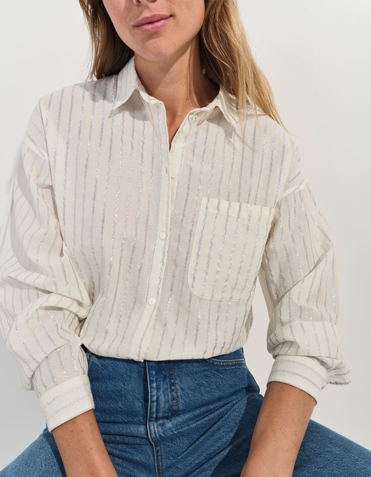 CELESTE - Chemise blanche à motif rayures argentées -5