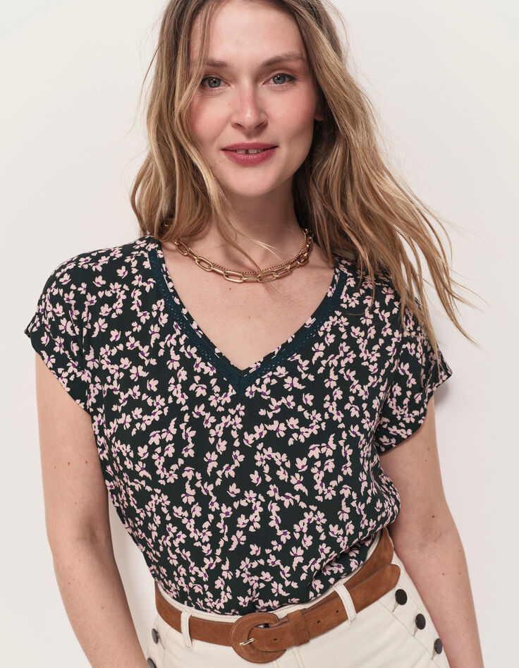 CESARIA - Top vert imprimé minimaliste floral-1