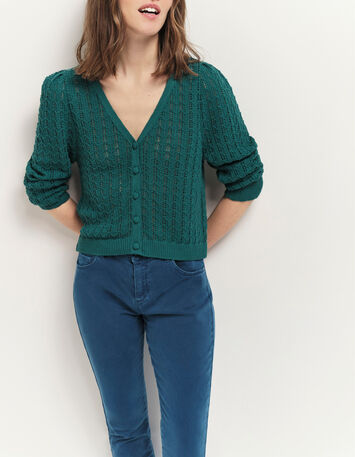 TARRY - Cardigan réversible vert cèdre tricot ajouré-2