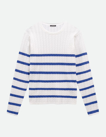 TAVACO - Pull &eacute;cru tricot torsades et rayures bleues-1