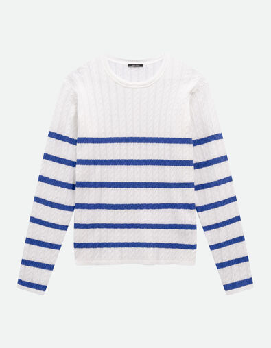 TAVACO - Pull &eacute;cru tricot torsades et rayures bleues - One Step
