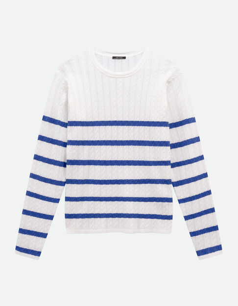 TAVACO - Pull &eacute;cru tricot torsades et rayures bleues - One Step