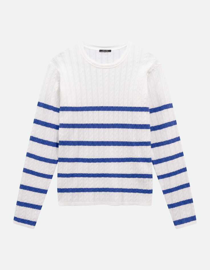 TAVACO - Pull &eacute;cru tricot torsades et rayures bleues-1