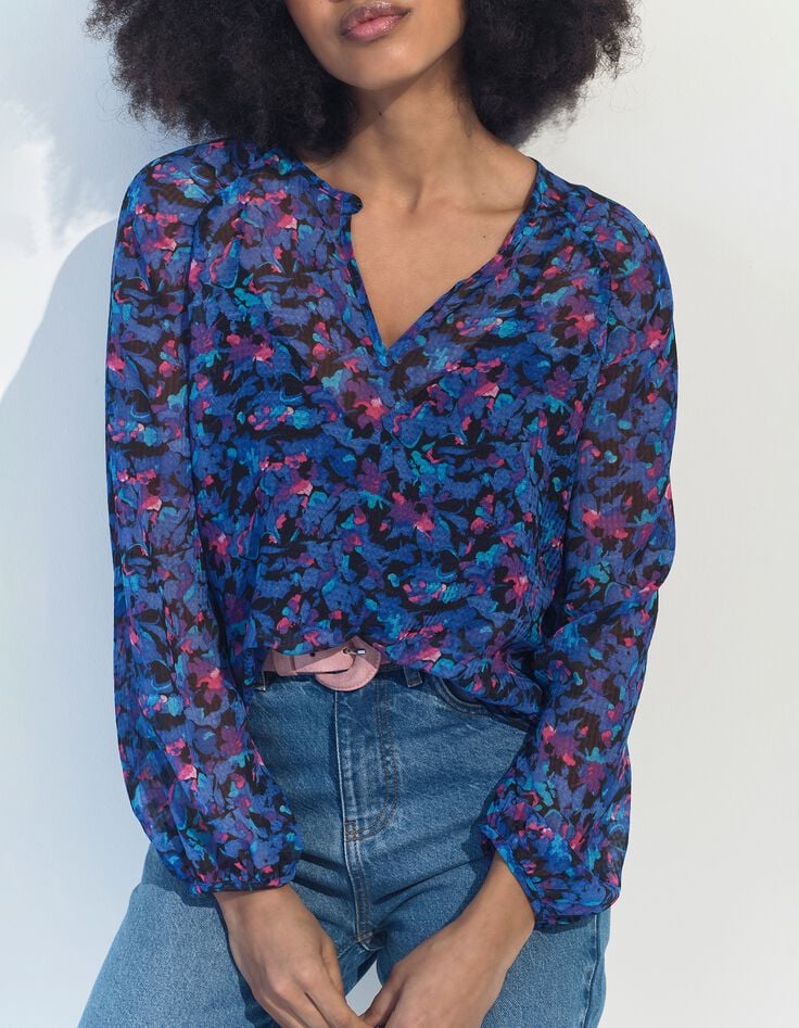 CIARA - Blouse bleue polyester recycl&eacute; floral aquatique -1