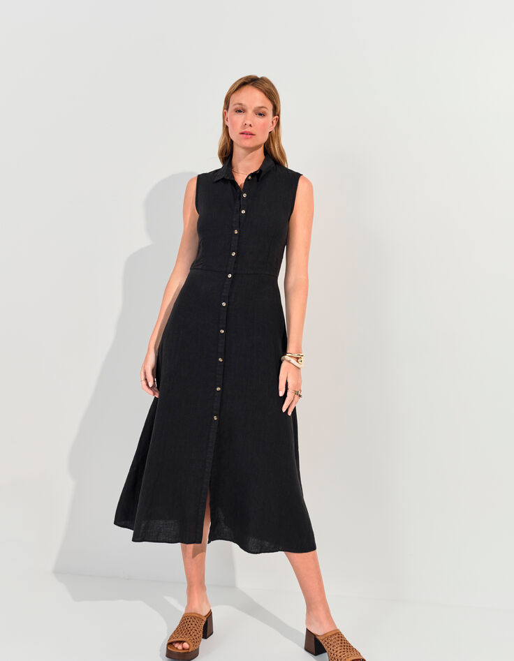 RECIFE - Robe chemise longue noire lin certifié surteint-5