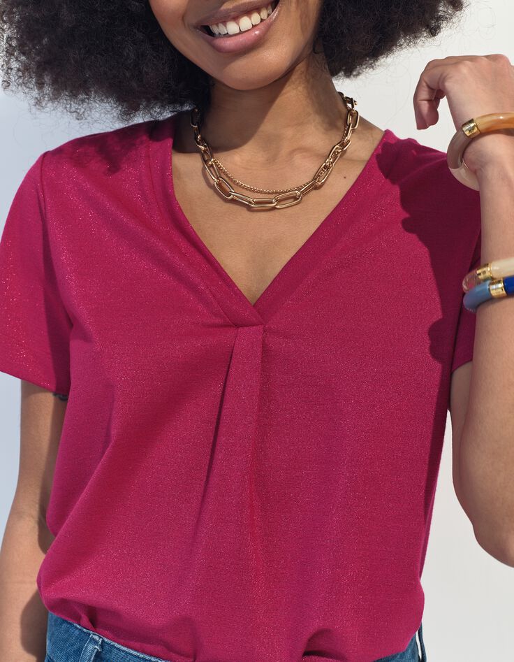 MARCIA - T-shirt rouge encolure V maille iris&eacute;e -3