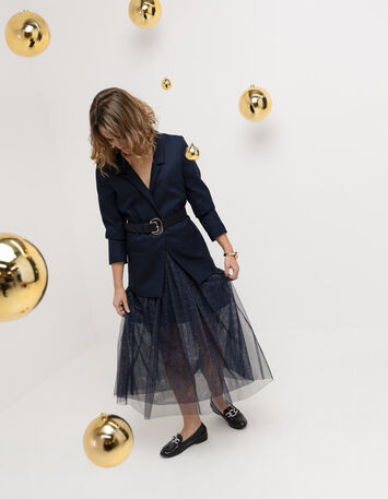 JANICE - Jupe midi marine tulle pailleté-7