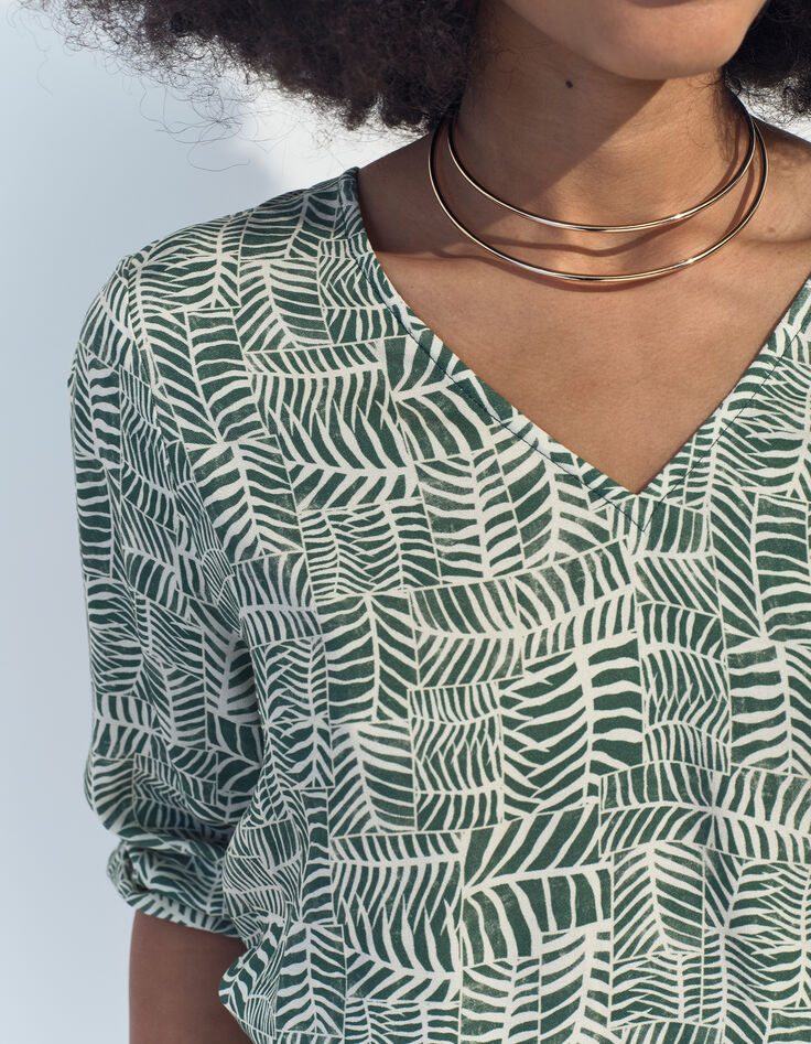 CASSIA - Blouse verte imprimé tropical chic -5