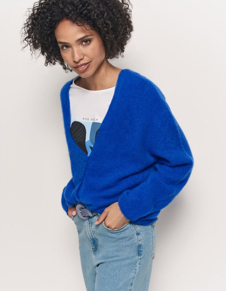 TECK - Cardigan bleu tricot moelleux encolure V-2 TECK - Cardigan bleu tricot moelleux encolure V-2