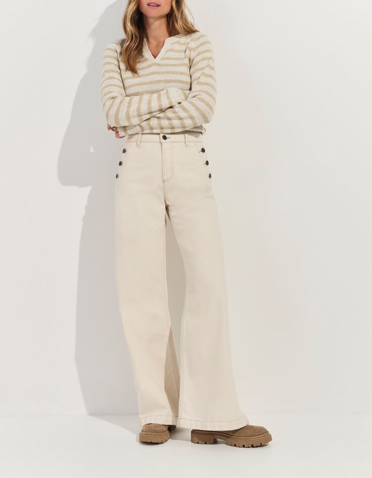 TERESA - Pull blanc tricot motif rayures lurex beige -4