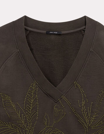 MEZZIA - Sweat kaki encolure V broderies fleurs-5