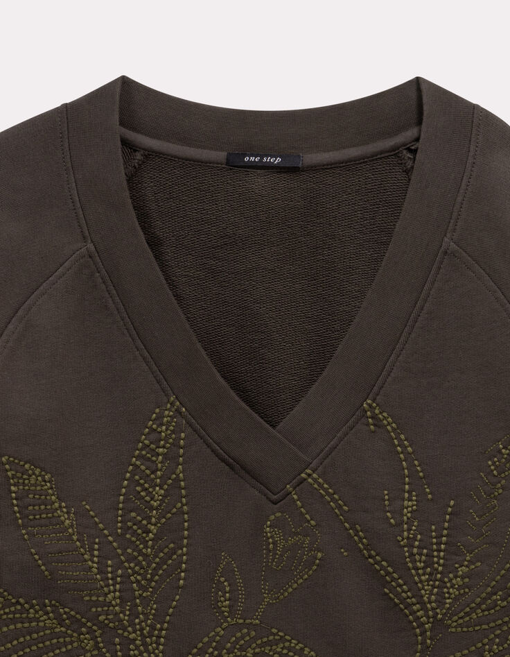 MEZZIA - Sweat kaki encolure V broderies fleurs-5