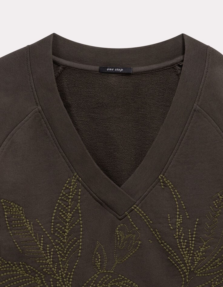 MEZZIA - Sweat kaki encolure V broderies fleurs-5 MEZZIA - Sweat kaki encolure V broderies fleurs-5