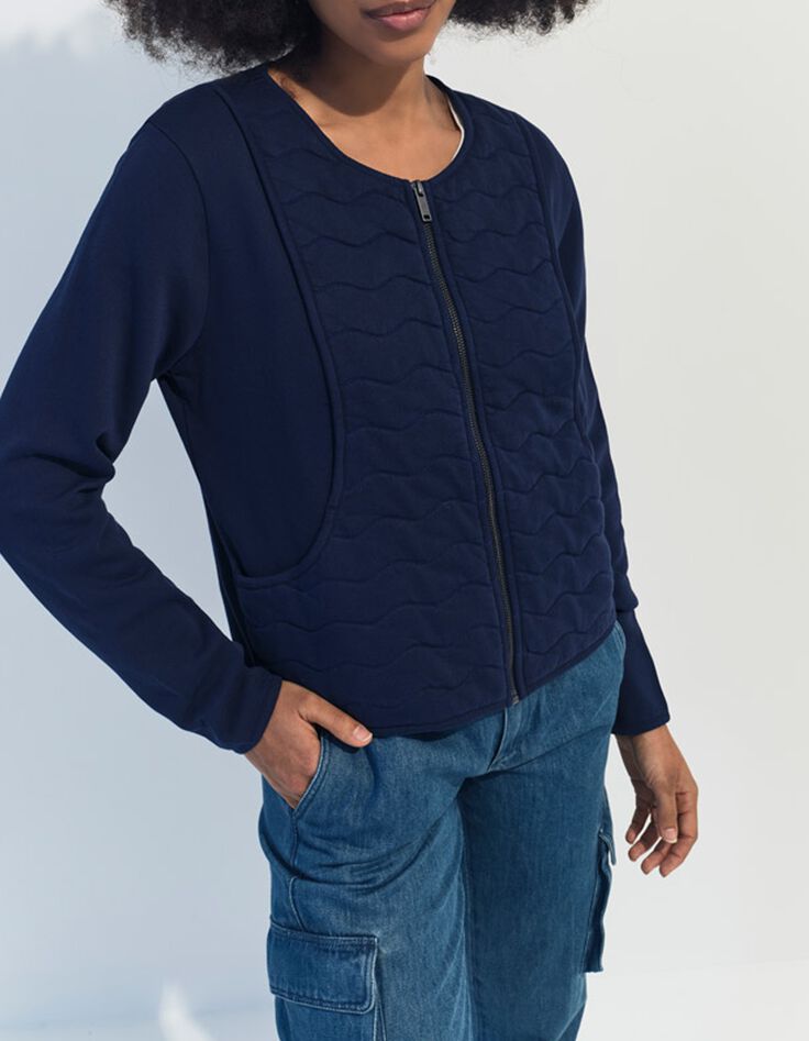 MARINO - Cardigan bleu coton bio zipp&eacute; maille matelass&eacute;e -2