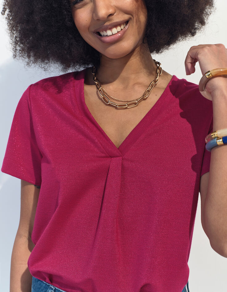 MARCIA - T-shirt rouge encolure V maille irisée -3