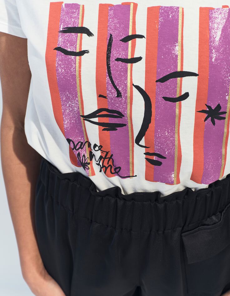 MIKA - T-shirt &eacute;cru coton bio visages sur fond ray&eacute; -3