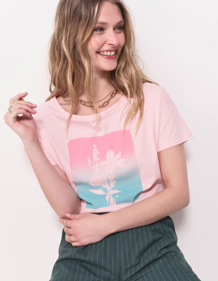 MAURO - T-shirt rose coton bio visuel arty floral-1