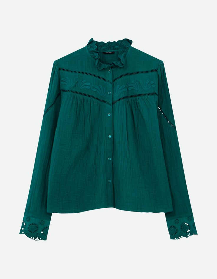 CAVIANA - Chemise verte gaze de coton bio col collerette-2