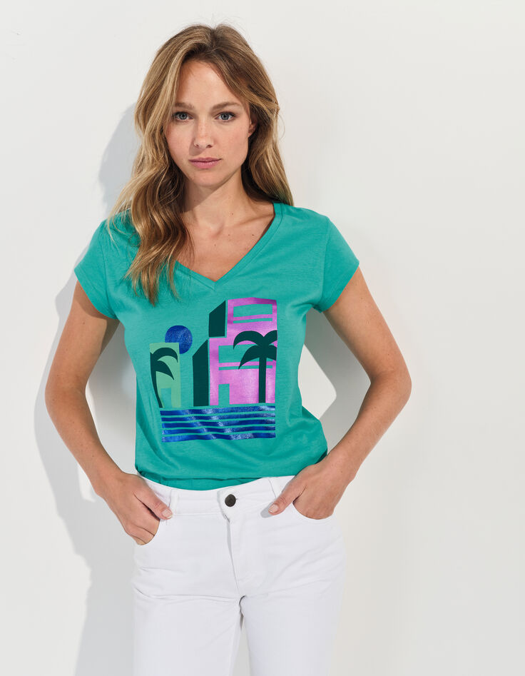MIRAMAR - T-shirt vert coton bio visuel arty géométrique -1