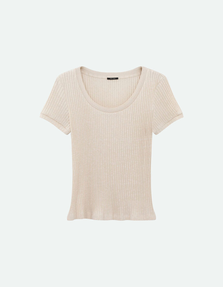 MILESI - T-shirt écru maille lurex côtelée manches courtes-5
