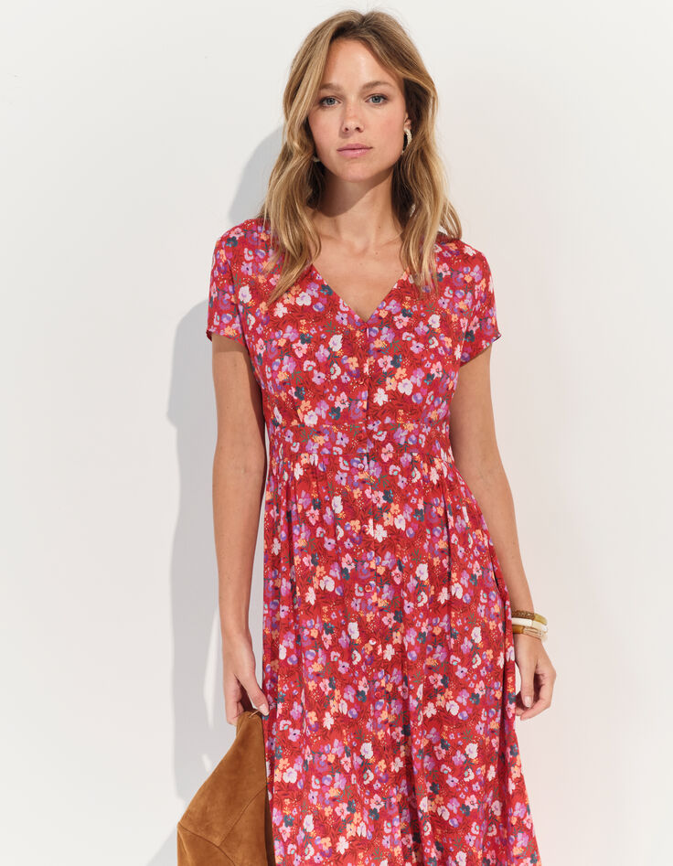 ROMARIA - Robe midi rouge imprimé floral d'été -6