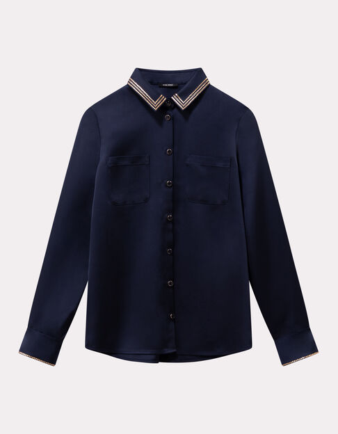 CISSY - Chemise marine satinée col brodé sequins - One Step