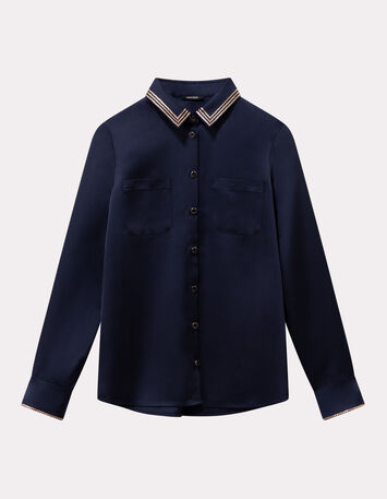 CISSY - Chemise marine satinée col brodé sequins-1 CISSY - Chemise marine satinée col brodé sequins-1
