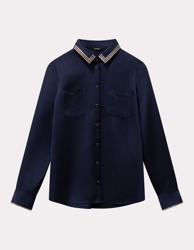 CISSY - Chemise marine satinée col brodé sequins-1 CISSY - Chemise marine satinée col brodé sequins-1