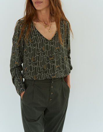 CALIDA - Blouse kaki à imprimé félin art déco-1