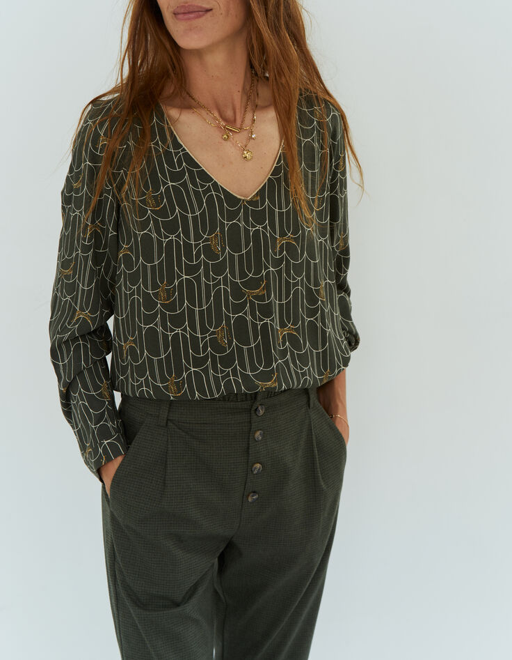 CALIDA - Blouse kaki à imprimé félin art déco-1