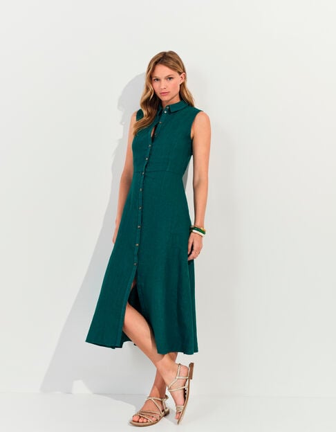 RECIFE - Robe chemise longue verte lin certifié surteint  - One Step