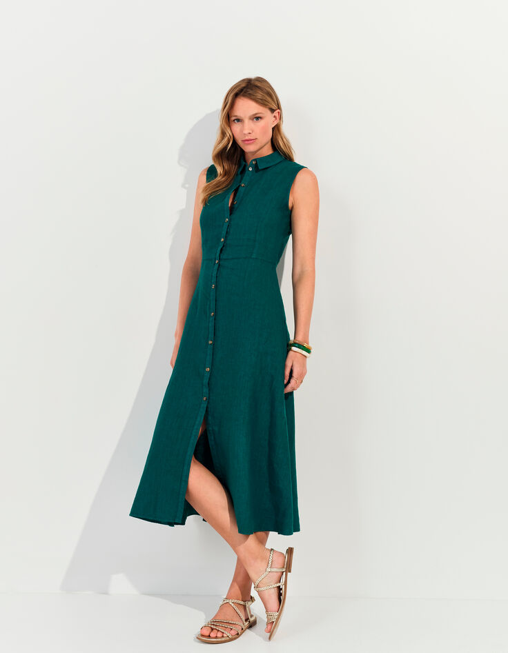 RECIFE - Robe chemise longue verte lin certifié surteint -1