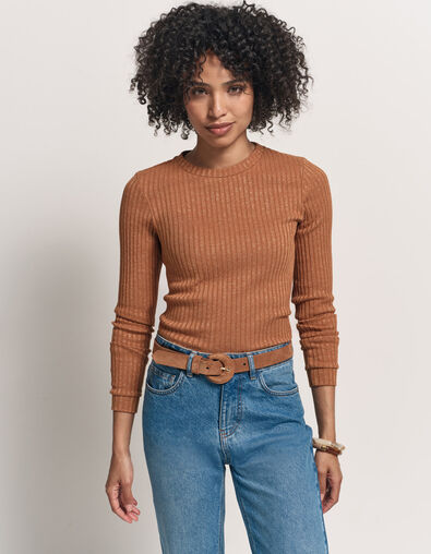 MALENE - T-shirt camel maille côtelée lurex - One Step