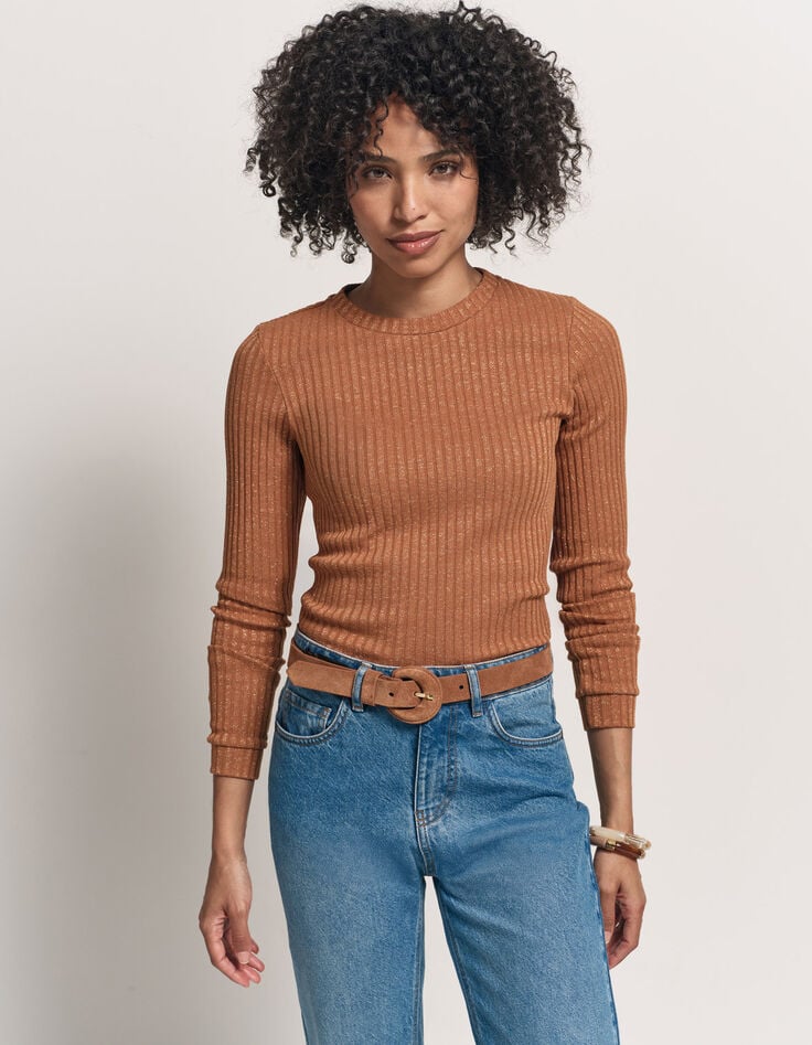 MALENE - T-shirt camel maille côtelée lurex-1