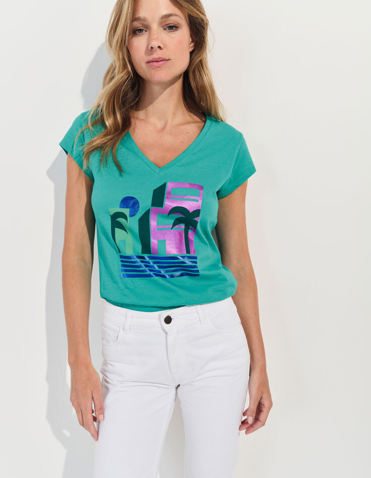 MIRAMAR - T-shirt vert coton bio visuel arty géométrique -2