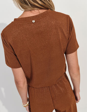 MARCIA - T-shirt caramel encolure V maille irisée -3