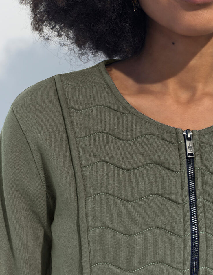 MARINO - Cardigan kaki coton bio zippé maille matelassée -4