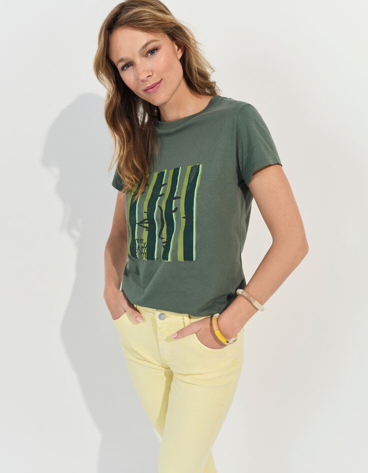 MIKA - T-shirt kaki visuel visages sur fond rayé -2